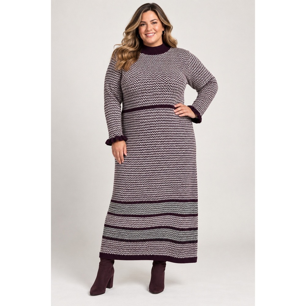 Lane Bryant Sweater Dress Womens 22/24 Modest Chic Chevron Knit Ruffle Cuff Midi